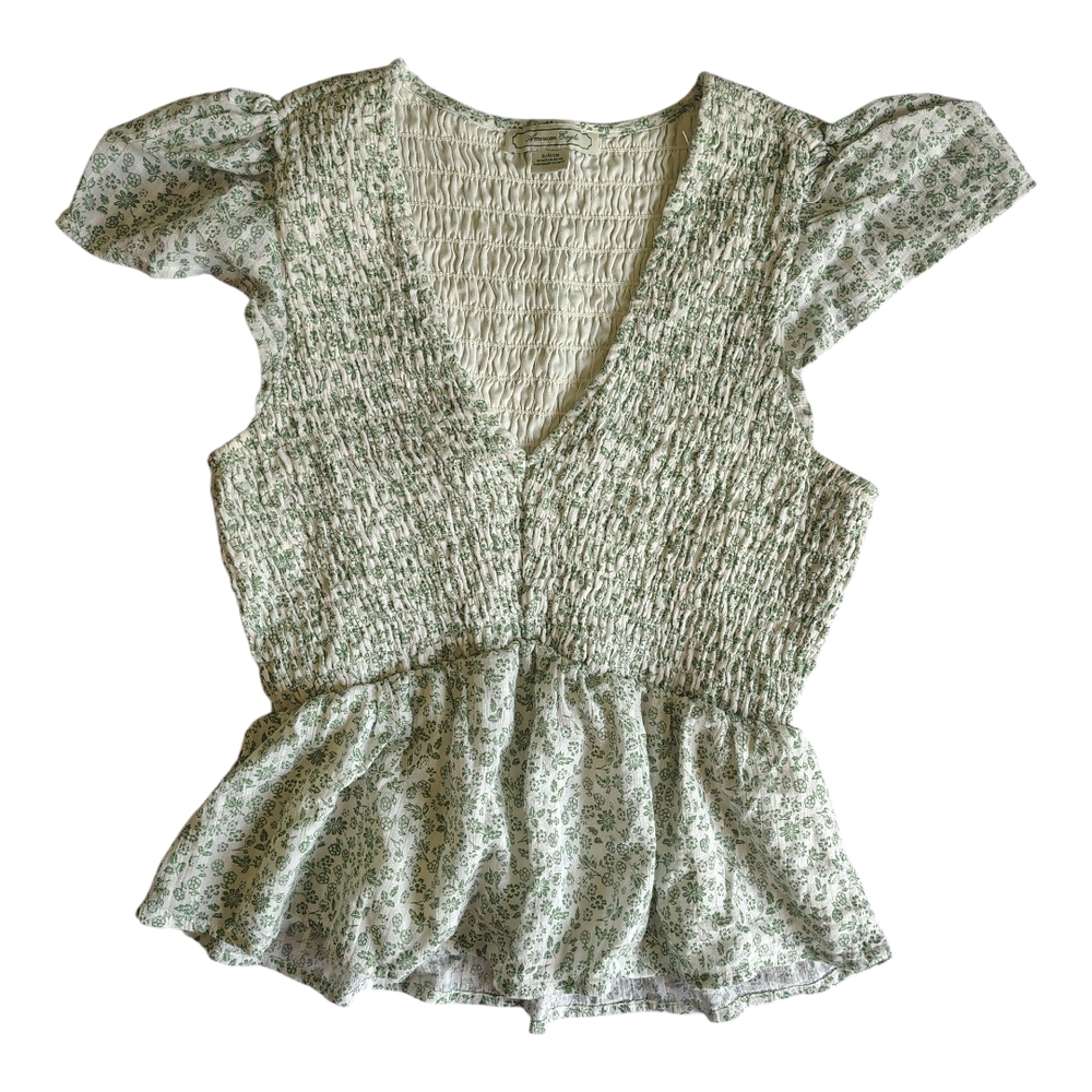 AMERICAN EAGLE Green Floral Peplum Blouse